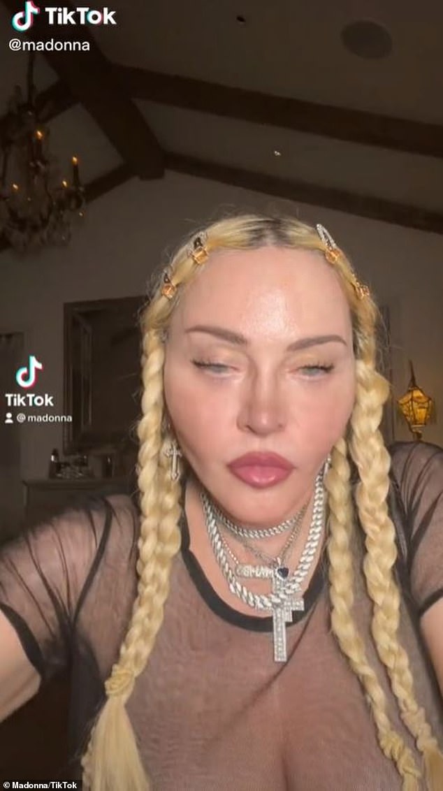 Bizarr: Unter Musik erscheint Madonna in einem Clip im Selfie-Stil mit einem Gesichtsfilter, der ihre Gesichtszüge mit geschwollenen Wangenknochen und geschwollenen Lippen spielerisch zu verbessern scheint.