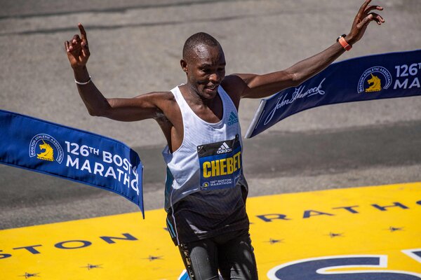 Evans Chebet of Kenya wins the men's elite race at the 126th Boston Marathon.