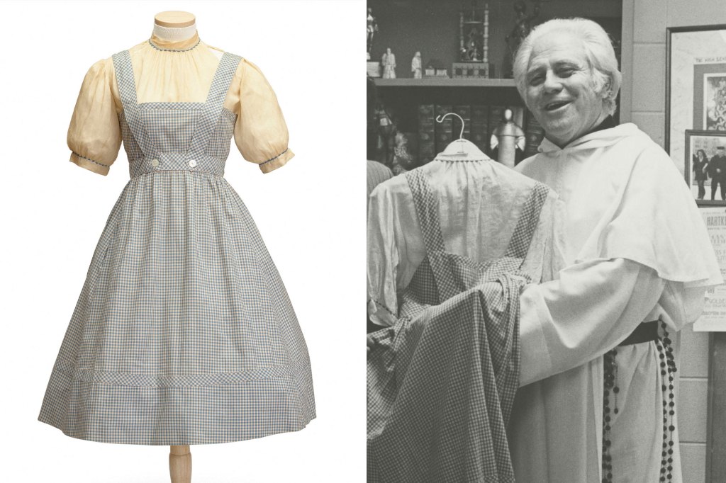 Das Kleid, komplett mit einer cremefarbenen, weinroten Kurzarmbluse und Garlands Name auf einem Etikett auf der Innenseite, war ein Geschenk der Schauspielerin Mercedes McCambridge an Hartkes Onkel Reverend Gilbert Hartke.