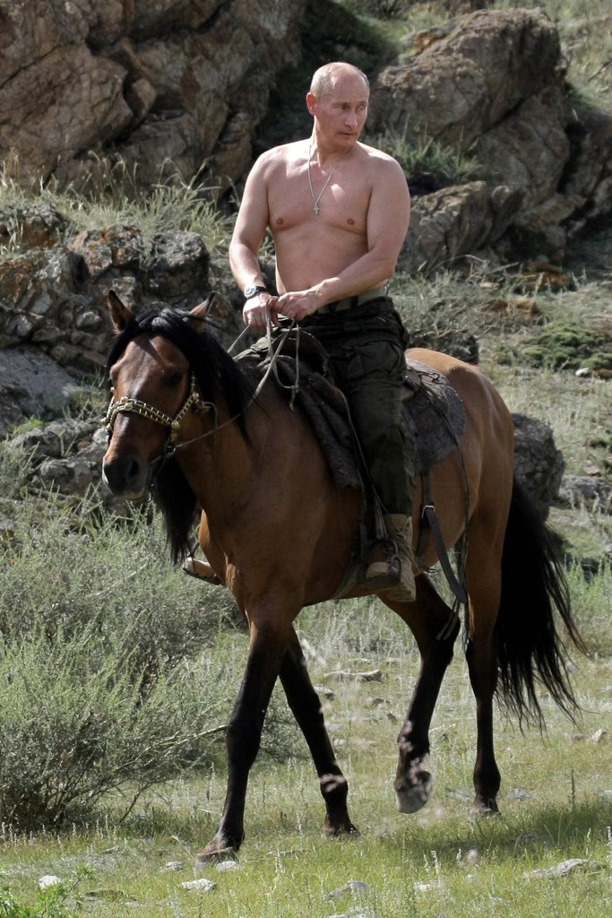 Der russische Präsident Wladimir Putin reitet ohne Hemd auf einem Pferd.