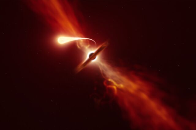 Künstlerische Darstellung eines Sterns, der allmählich durch die starke Anziehungskraft eines supermassiven Schwarzen Lochs gestört wird.