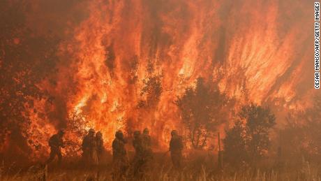 Spaniens Hitzewelle soll am Montag enden, aber Feuerwehrleute kämpfen immer noch mit Waldbränden in nördlichen Regionen, einschließlich Pomarego de Terra in der Nähe von Zamora.