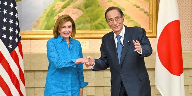 Die Sprecherin des US-Repräsentantenhauses, Nancy Pelosi (links), schüttelt Hiroyuki Hosoda, dem Sprecher des japanischen Repräsentantenhauses, während eines Treffens in Tokio die Hand.