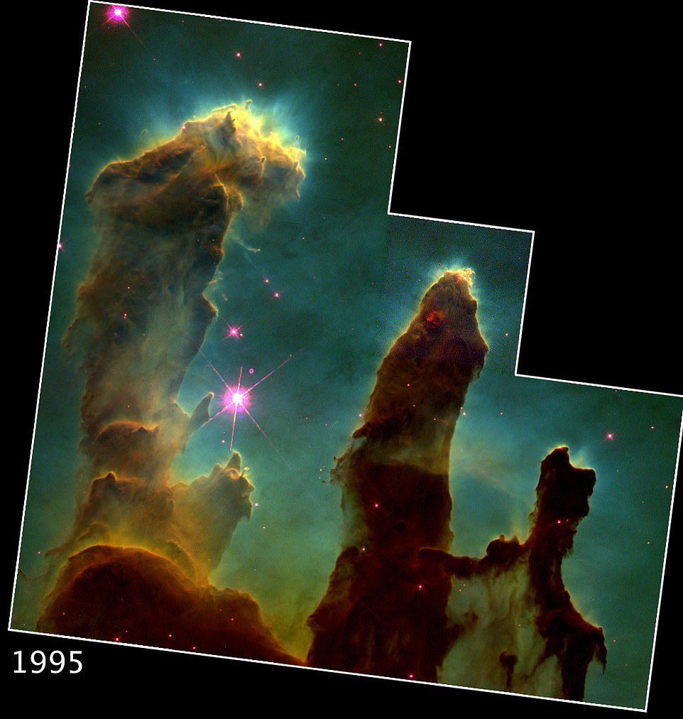 Hubble machte 1995 das erste Bild der Säulen der Schöpfung. Es lieferte den ersten Beweis dafür, dass Sterne innerhalb der Säulen geboren werden konnten.